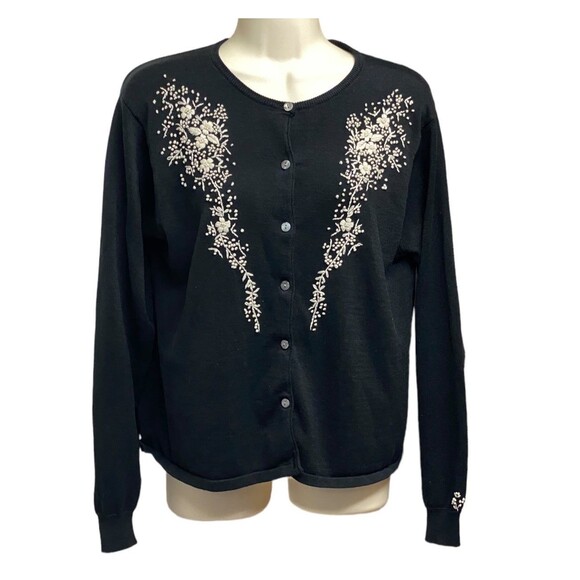 Chelsea Cambell Silk Cotton Blend black cream embroidered Cardigan Sweater Sz M - Picture 1 of 8